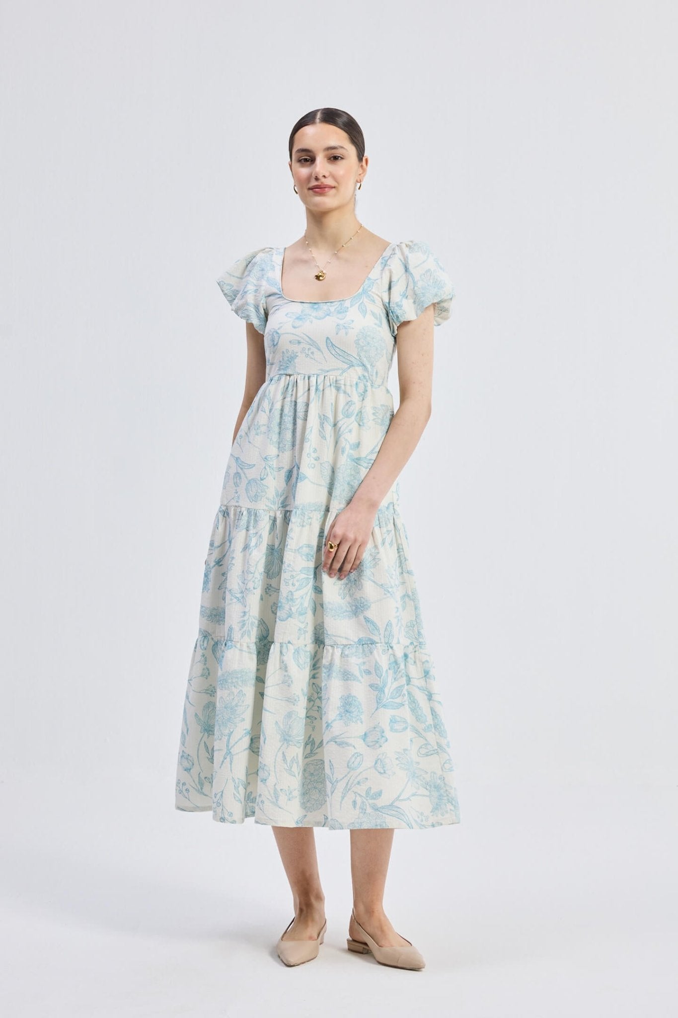 Puff Sleeve Tiered Maxi Dress in Blue Florals - Elite styles