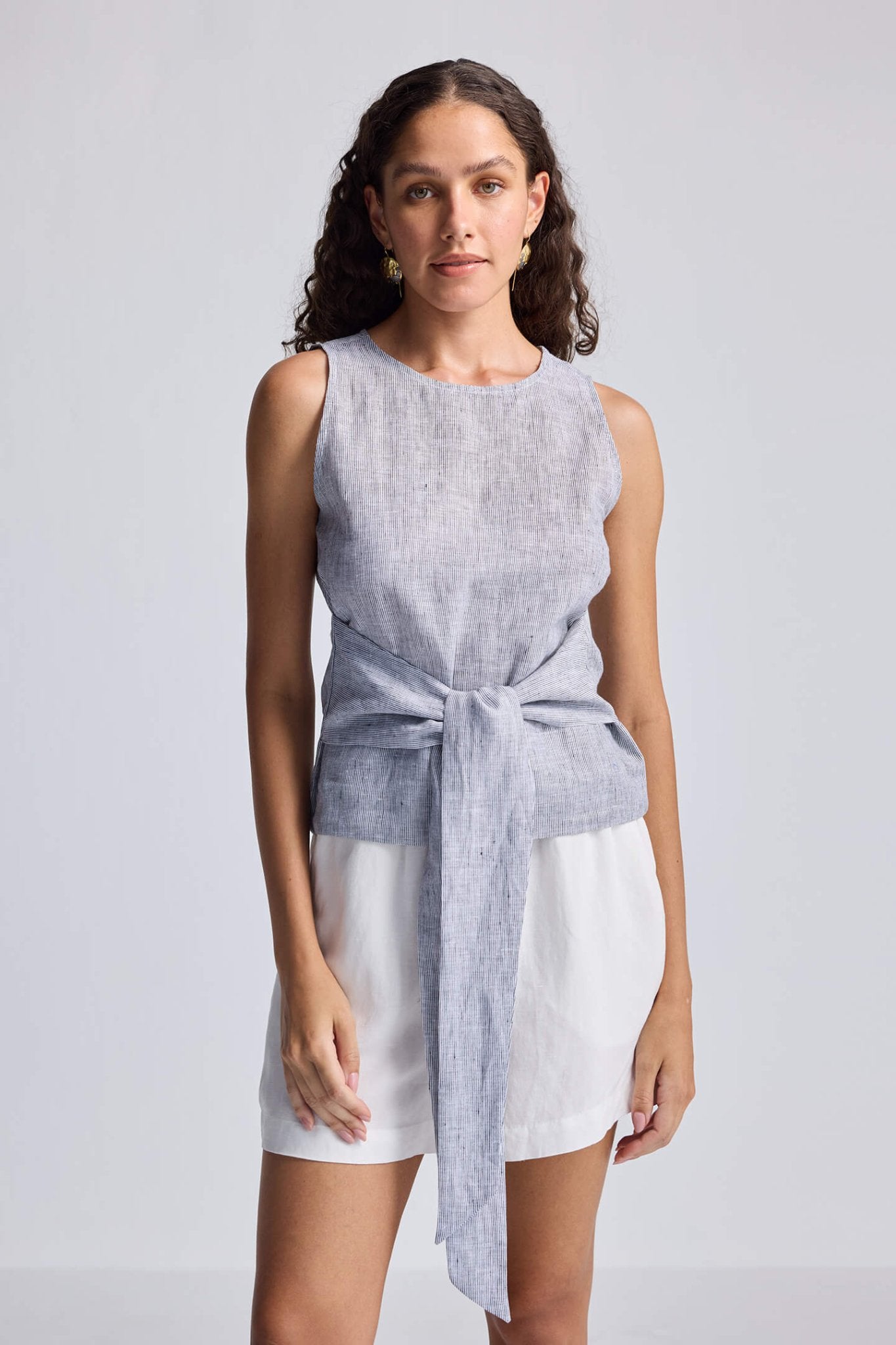 Front - tie Top in Linen Stripes - Elite styles