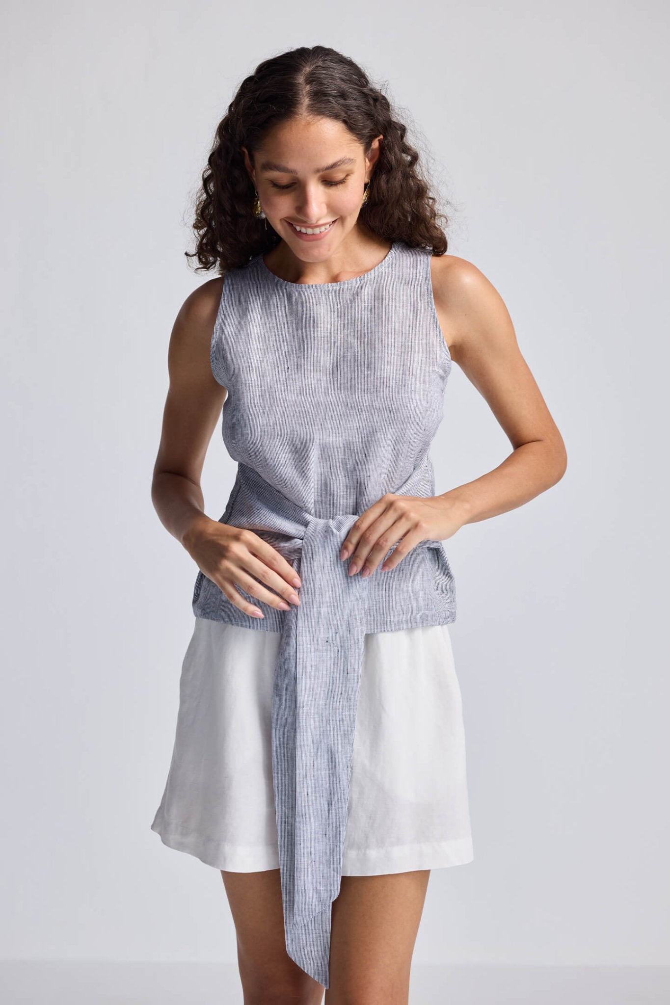 Front - tie Top in Linen Stripes - Elite styles