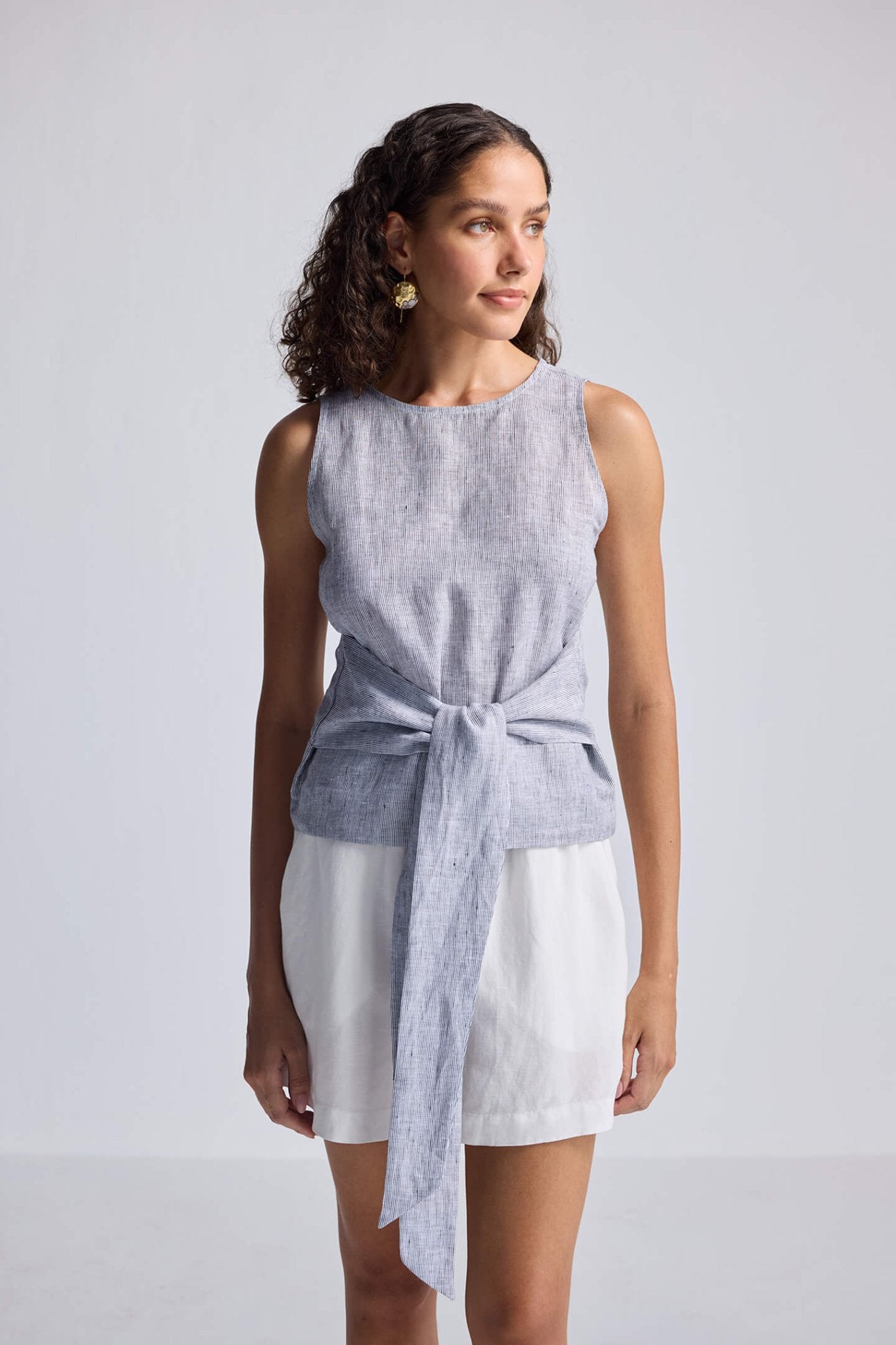Front - tie Top in Linen Stripes - Elite styles