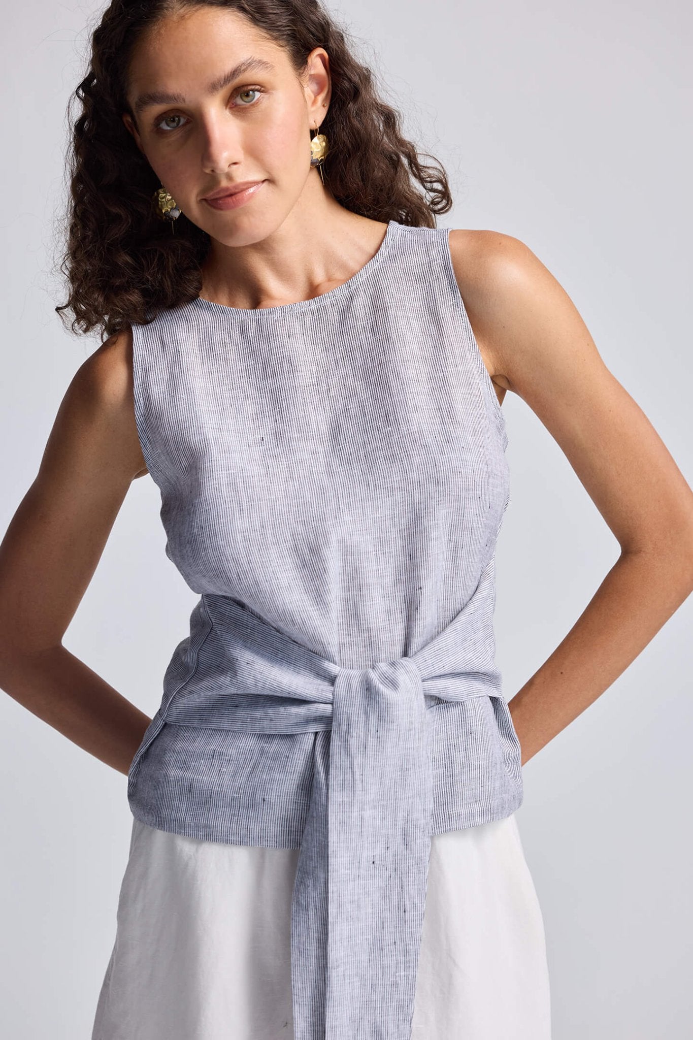 Front - tie Top in Linen Stripes - Elite styles