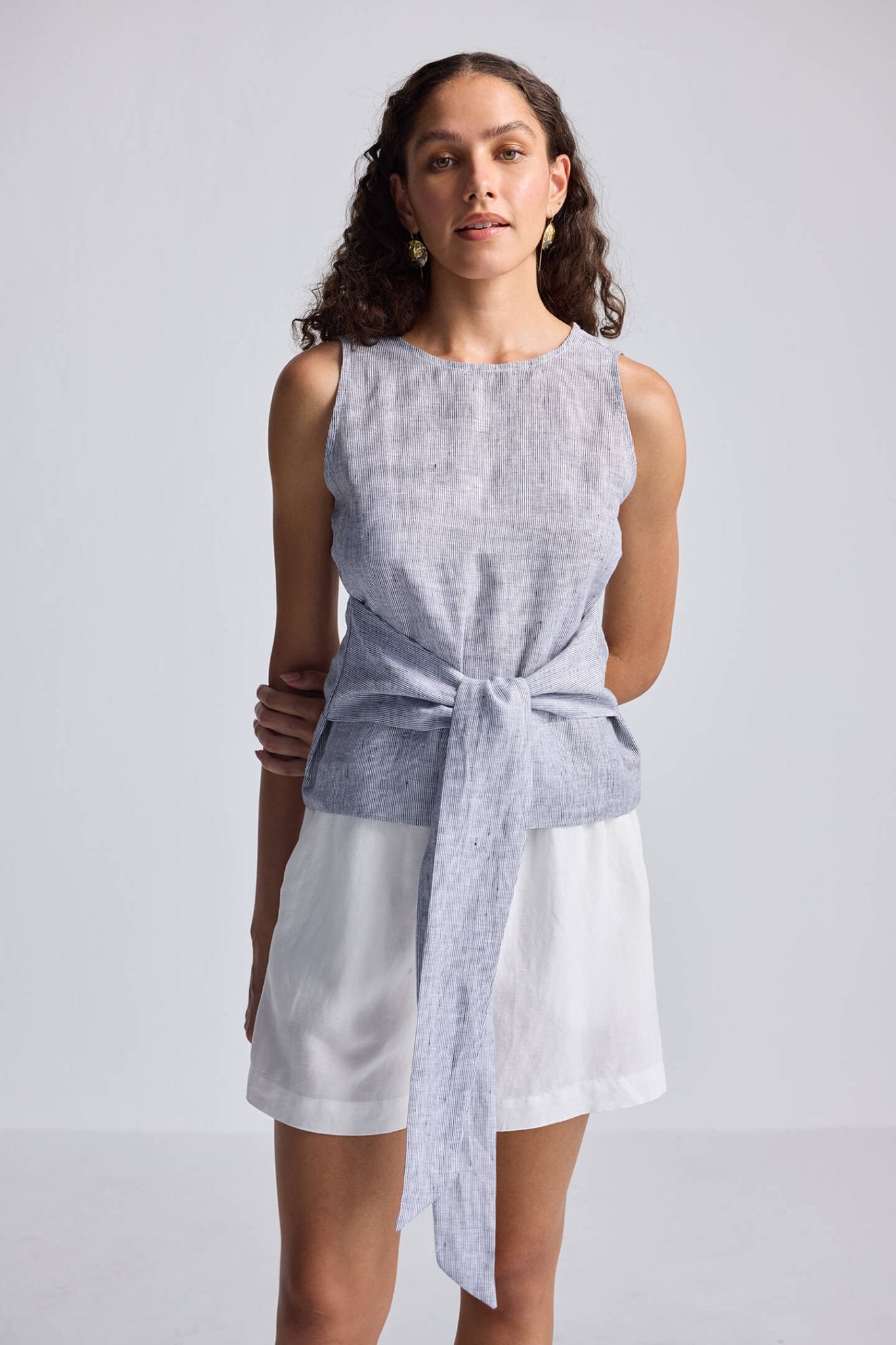 Front - tie Top in Linen Stripes - Elite styles