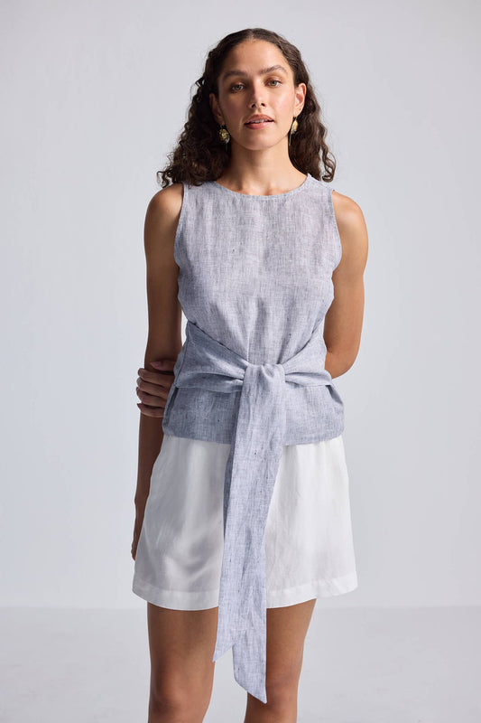Front - tie Top in Linen Stripes - Elite styles