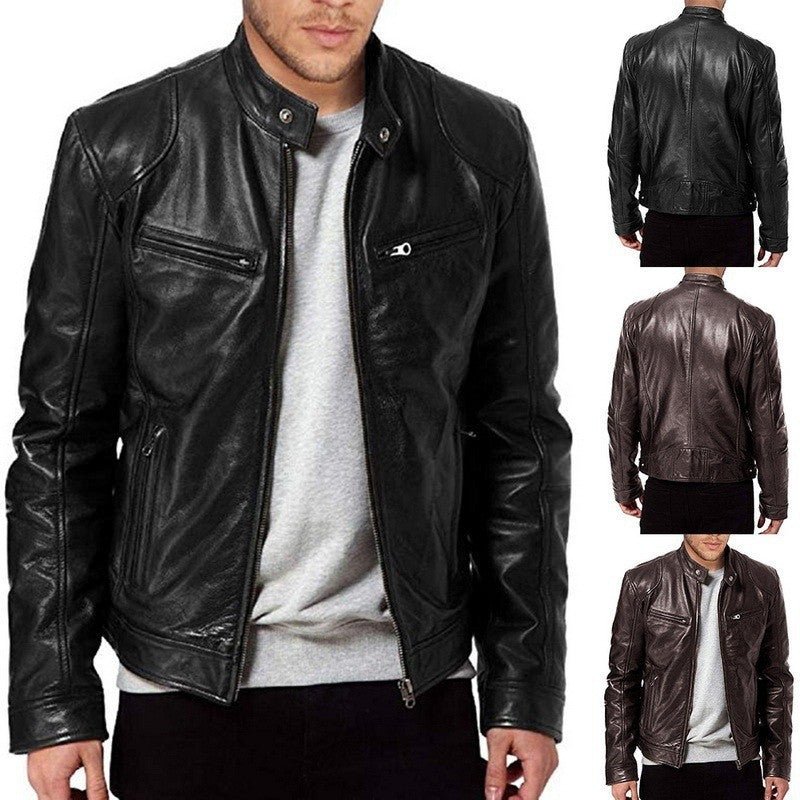 Men's Zip - up Cardigan PU Leather Jacket Fashion Pockets Stand Collar Short Tops Clothing - Elite styles