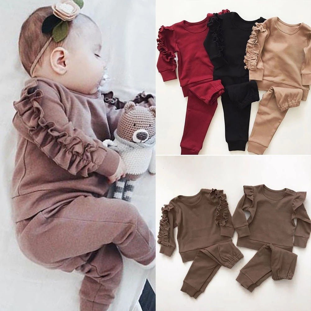 Newborn Baby Boys Girls Ruffles Jumper Solid Long Sleeve Sweatshirt Tops Pants Infant Kids 2Pcs Outfits Clothes Set Fall Clothes - Elite styles