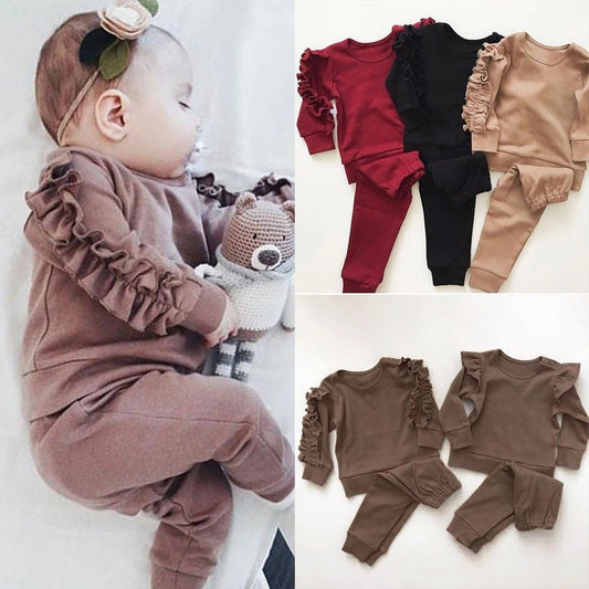 Newborn Baby Boys Girls Ruffles Jumper Solid Long Sleeve Sweatshirt Tops Pants Infant Kids 2Pcs Outfits Clothes Set Fall Clothes - Elite styles