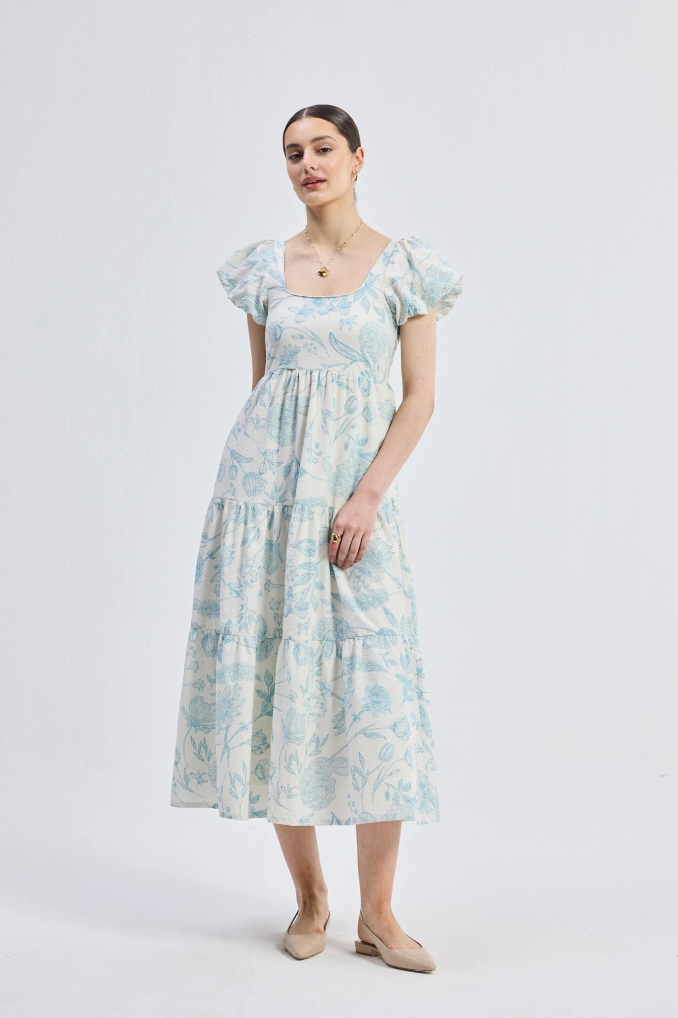 Puff Sleeve Tiered Maxi Dress in Blue Florals - Elite styles