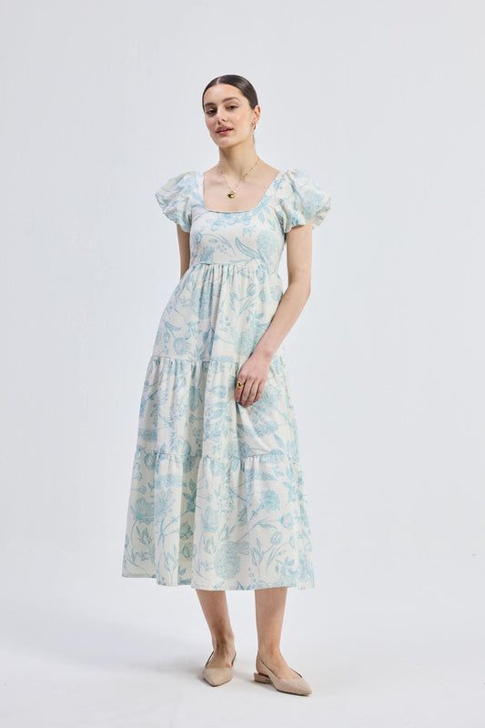Puff Sleeve Tiered Maxi Dress in Blue Florals - Elite styles