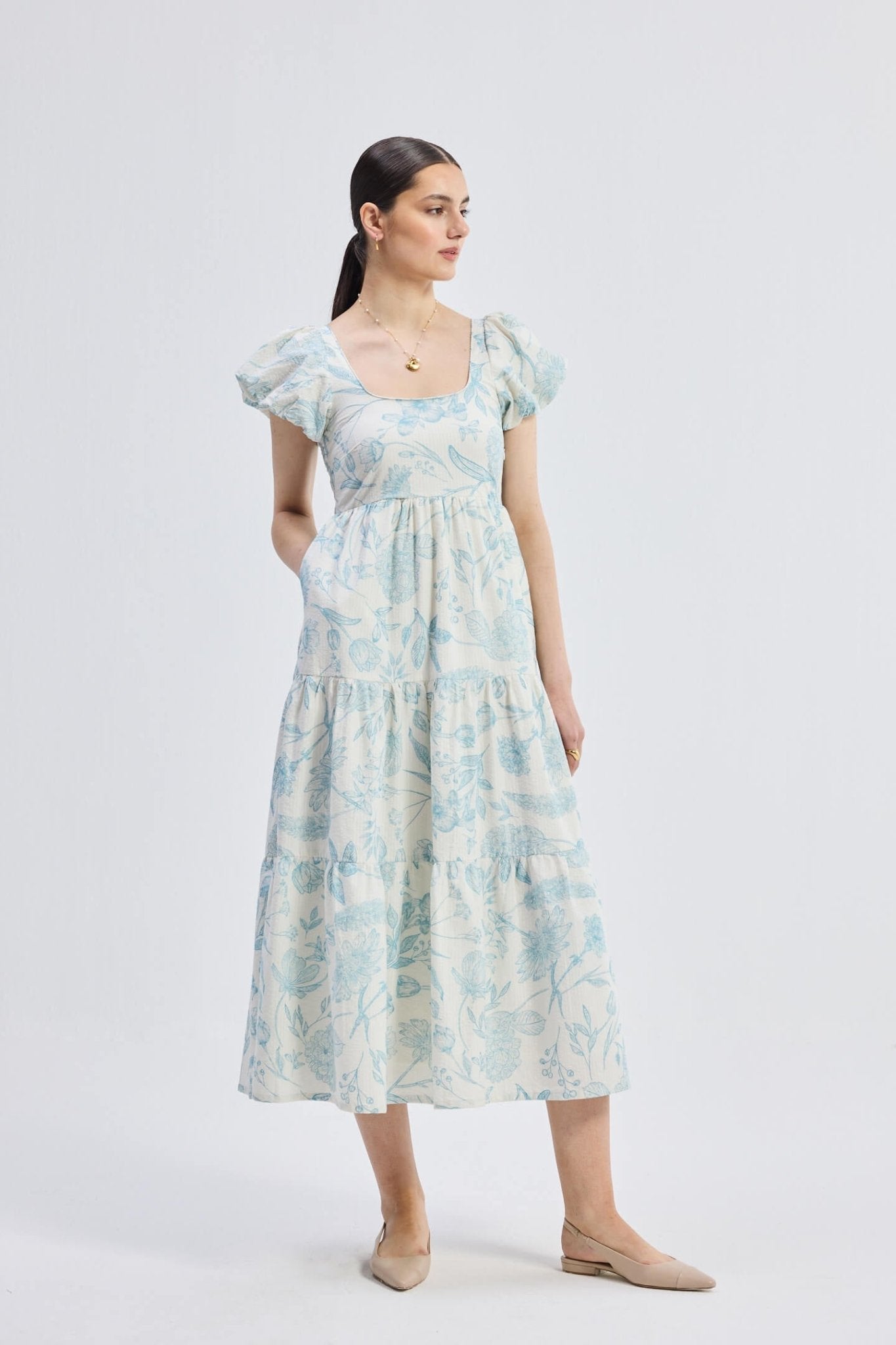 Puff Sleeve Tiered Maxi Dress in Blue Florals - Elite styles