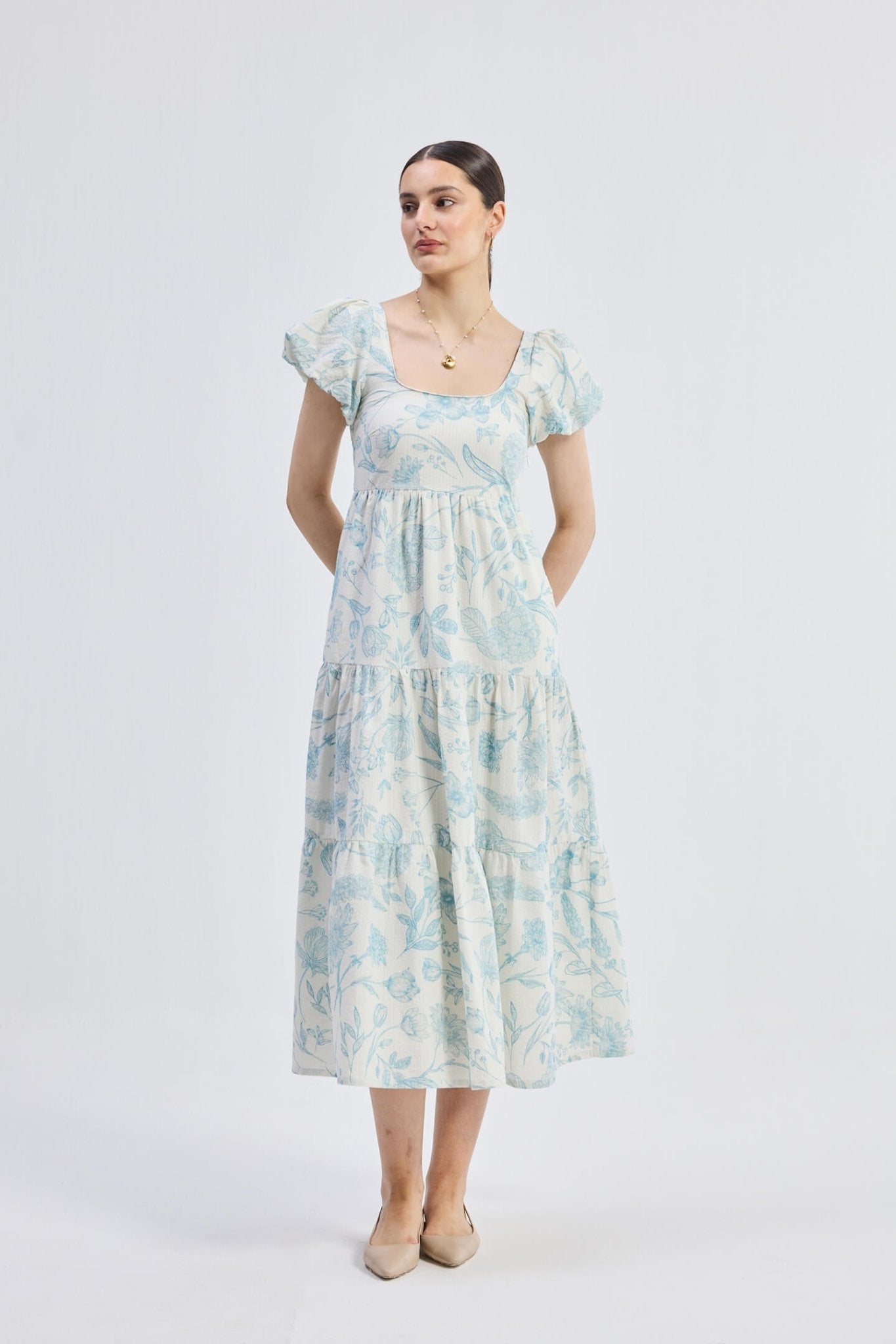 Puff Sleeve Tiered Maxi Dress in Blue Florals - Elite styles