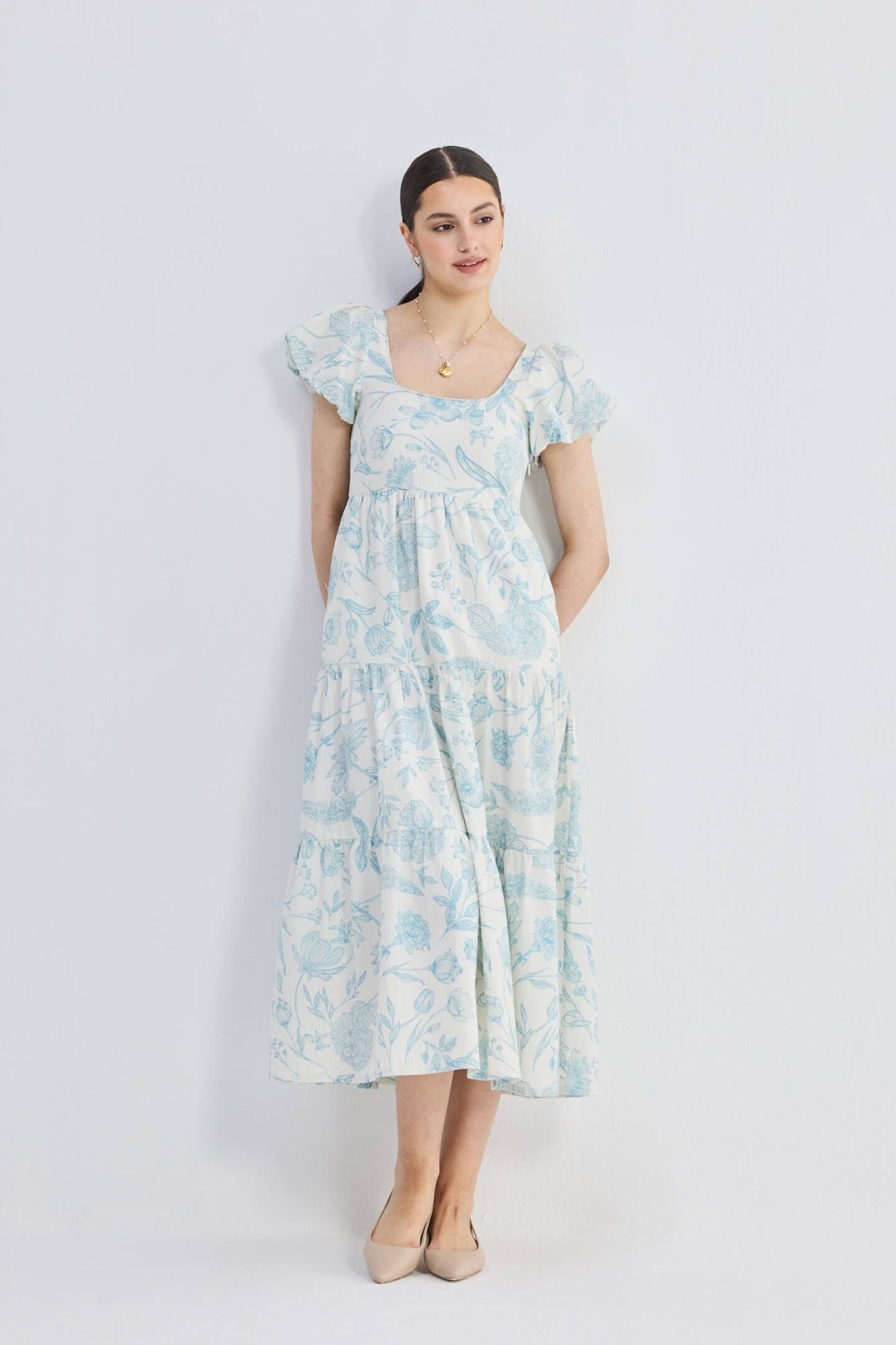 Puff Sleeve Tiered Maxi Dress in Blue Florals - Elite styles