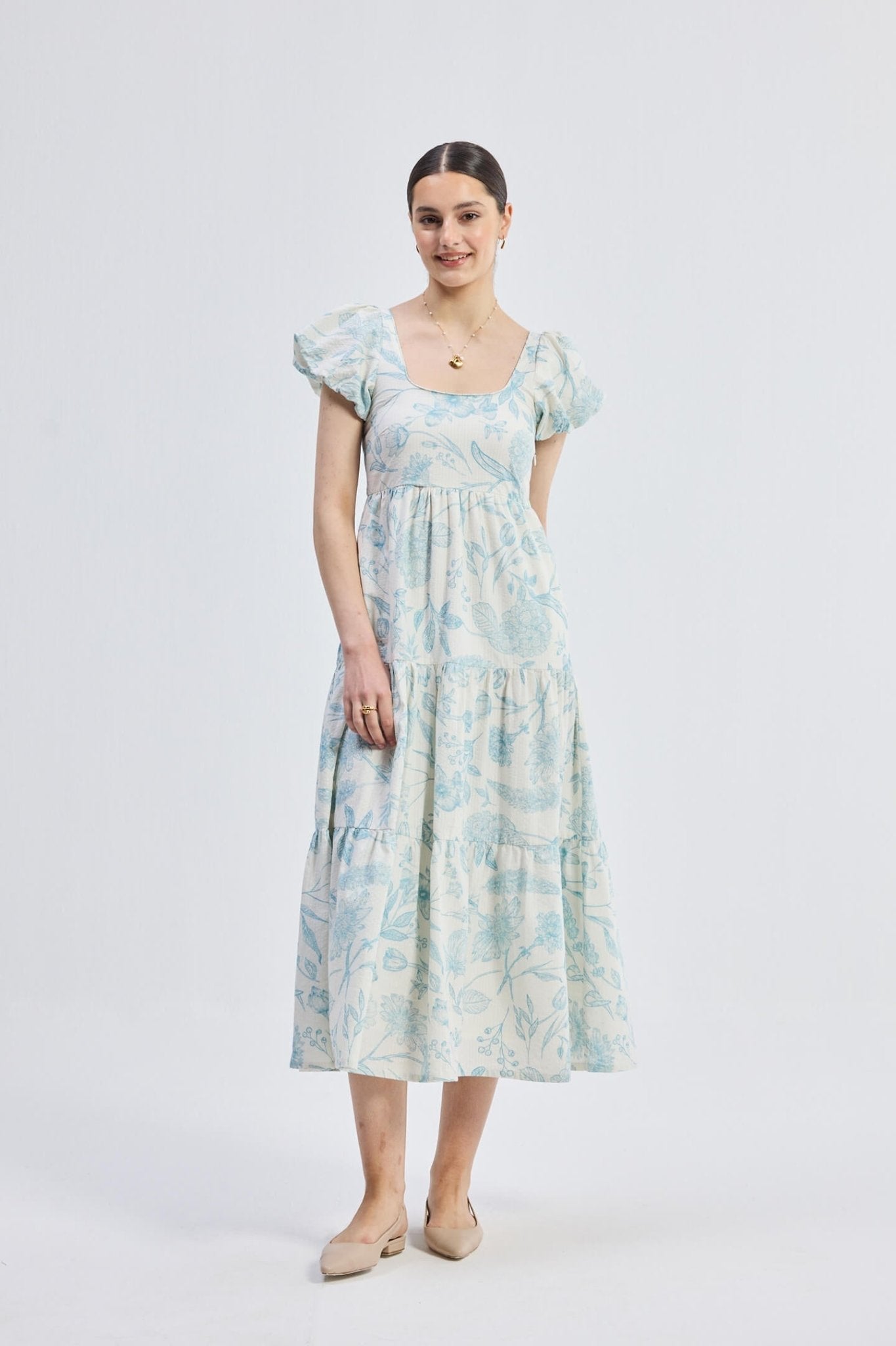 Puff Sleeve Tiered Maxi Dress in Blue Florals - Elite styles