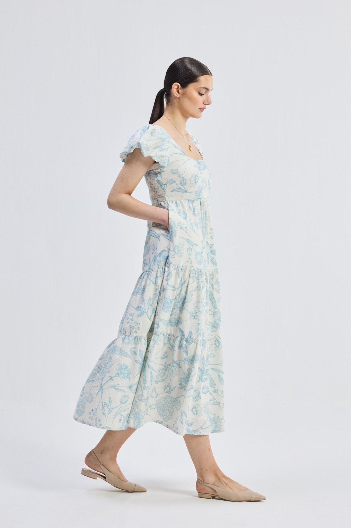 Puff Sleeve Tiered Maxi Dress in Blue Florals - Elite styles