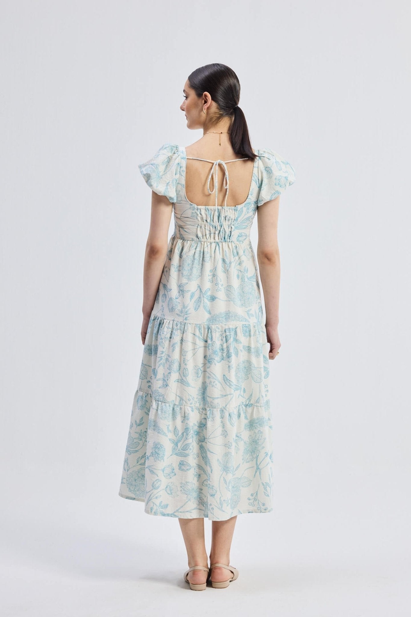 Puff Sleeve Tiered Maxi Dress in Blue Florals - Elite styles