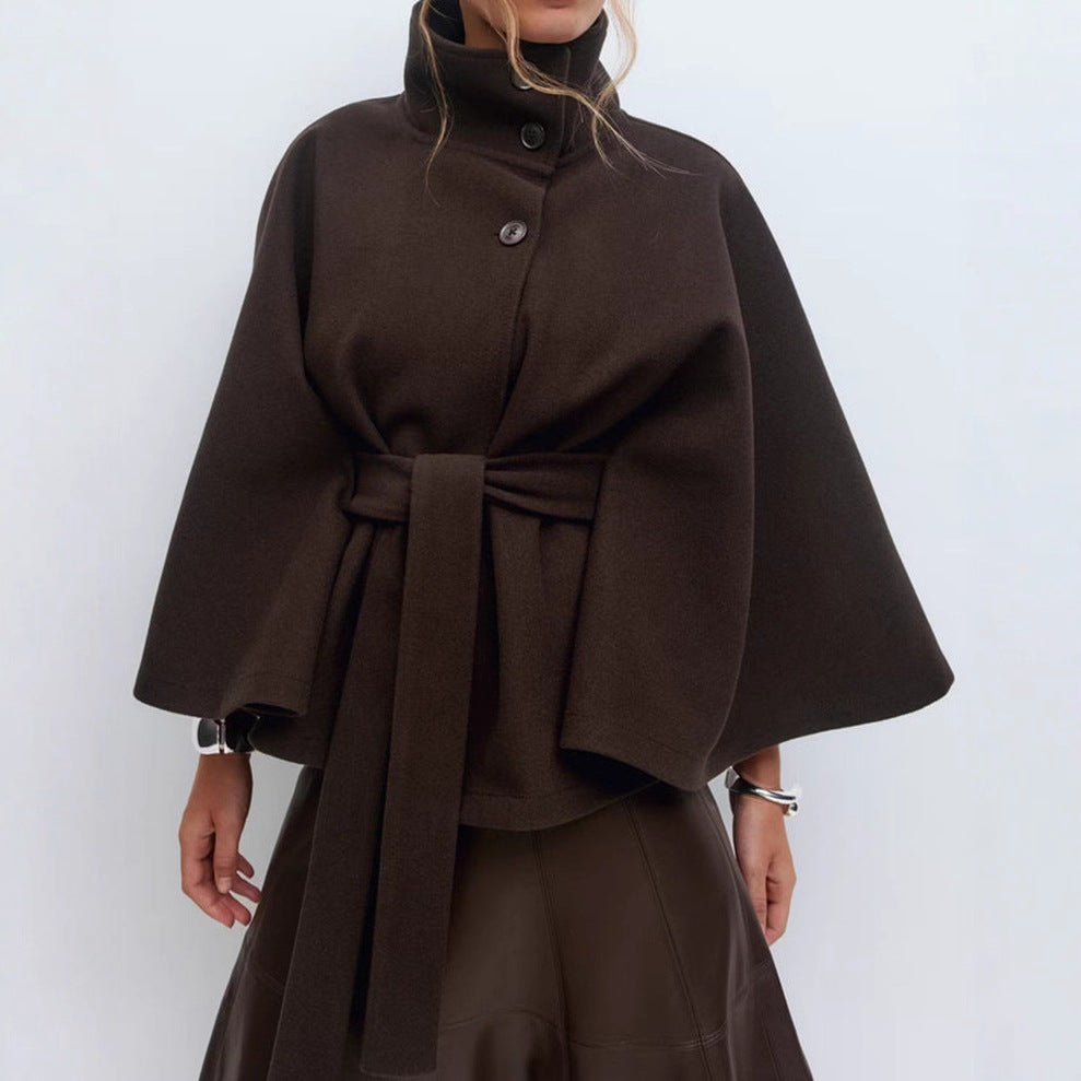 Winter High Neck Batwing Sleeve Coat With Belt Fashion Loose Elegant Button Top Trench Coat For Women Clothing - Elite styles