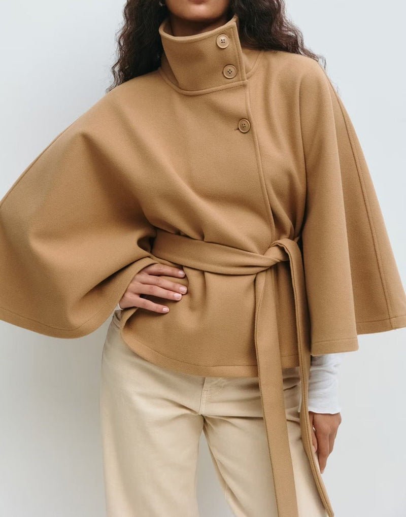 Winter High Neck Batwing Sleeve Coat With Belt Fashion Loose Elegant Button Top Trench Coat For Women Clothing - Elite styles