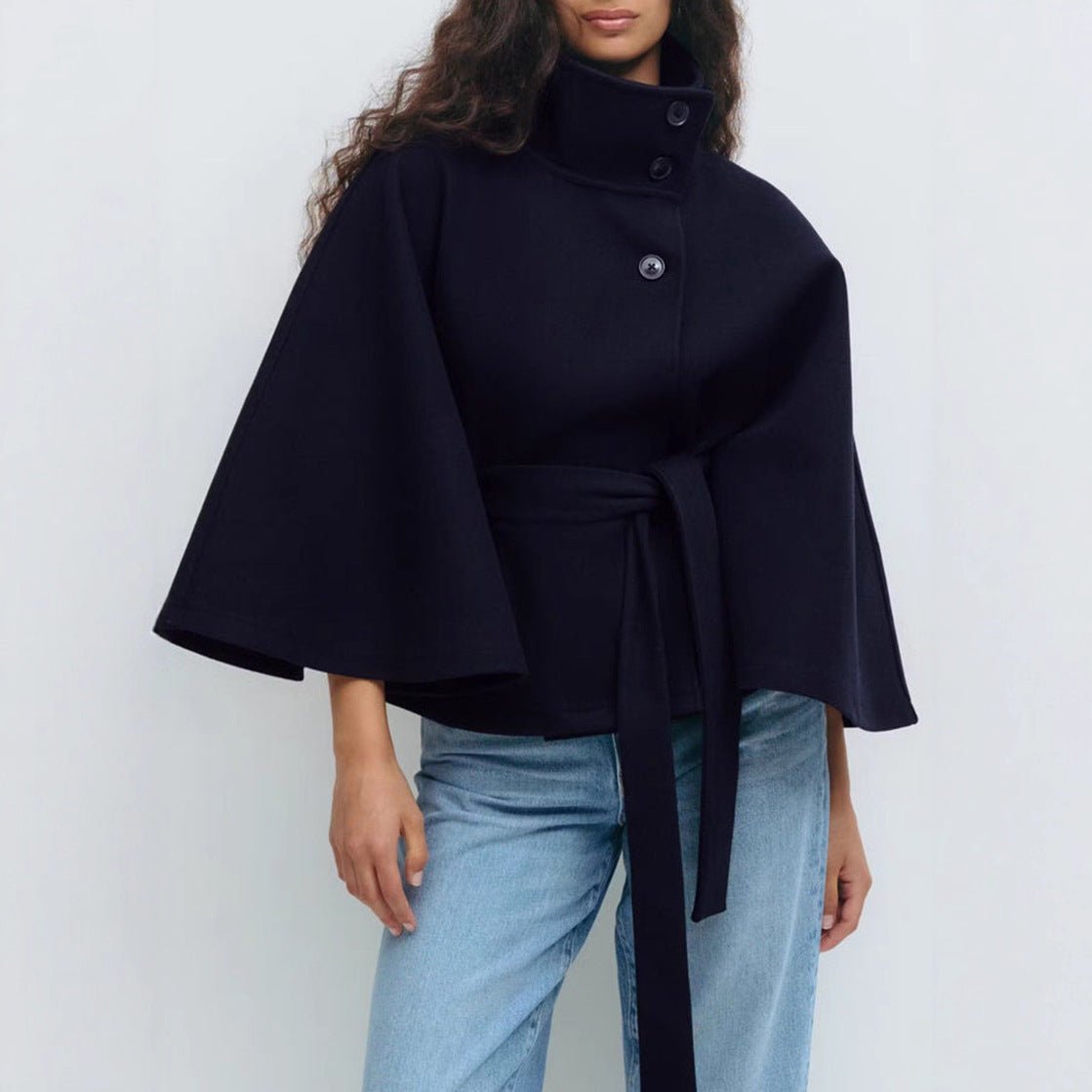 Winter High Neck Batwing Sleeve Coat With Belt Fashion Loose Elegant Button Top Trench Coat For Women Clothing - Elite styles