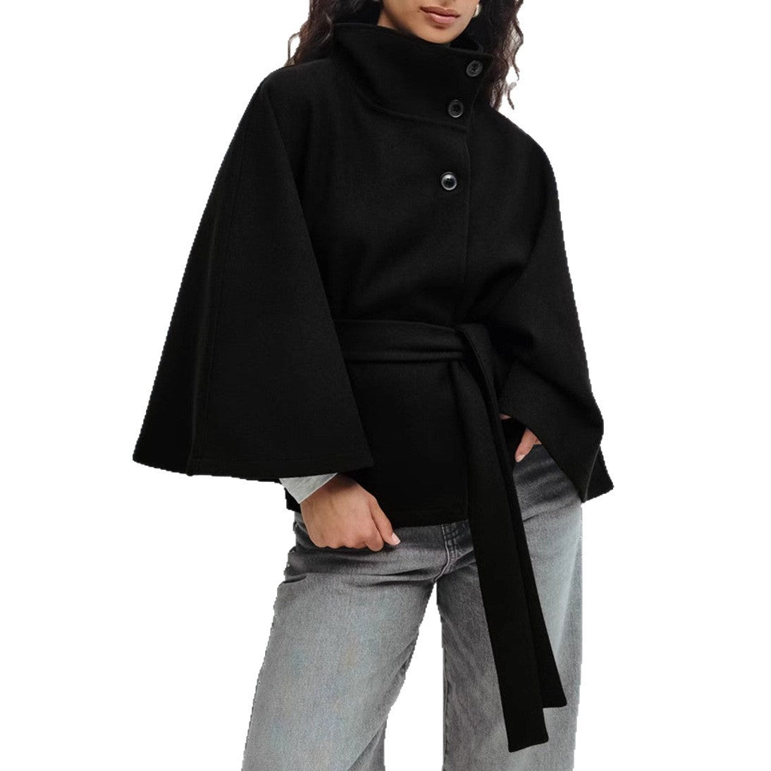 Winter High Neck Batwing Sleeve Coat With Belt Fashion Loose Elegant Button Top Trench Coat For Women Clothing - Elite styles